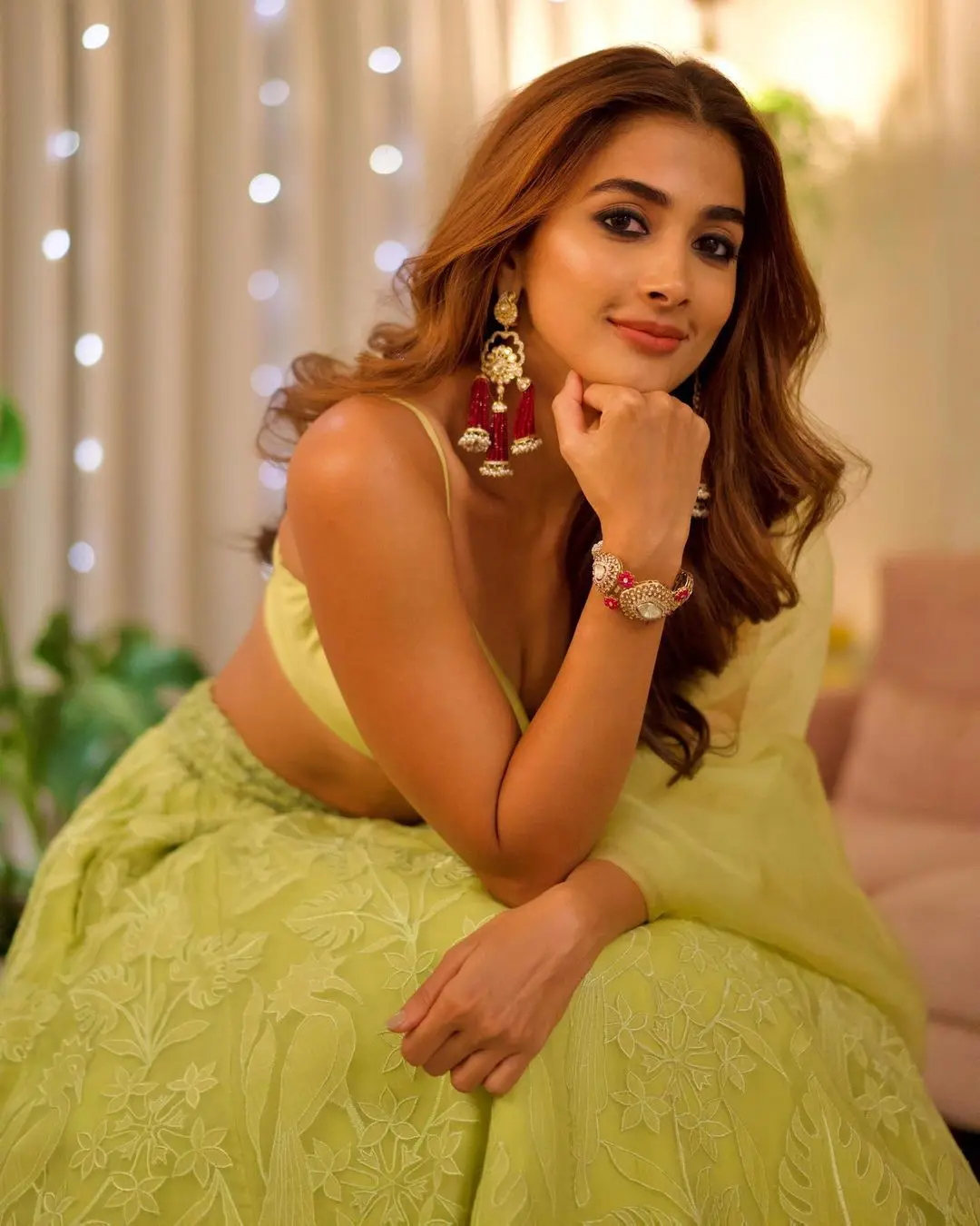 Pooja Hegde stepped into the spotlight in a striking lime green lehenga choli that could easily be called fit for royalty.