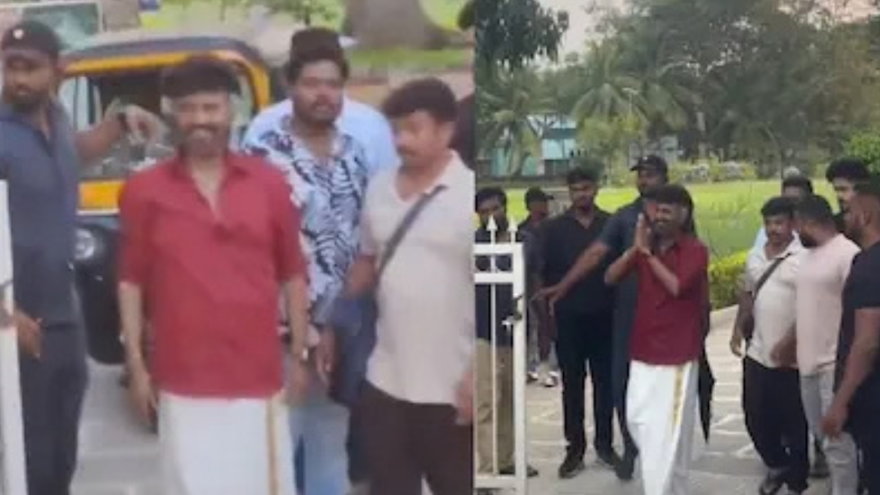 Rajinikanth arrives in an auto at the set