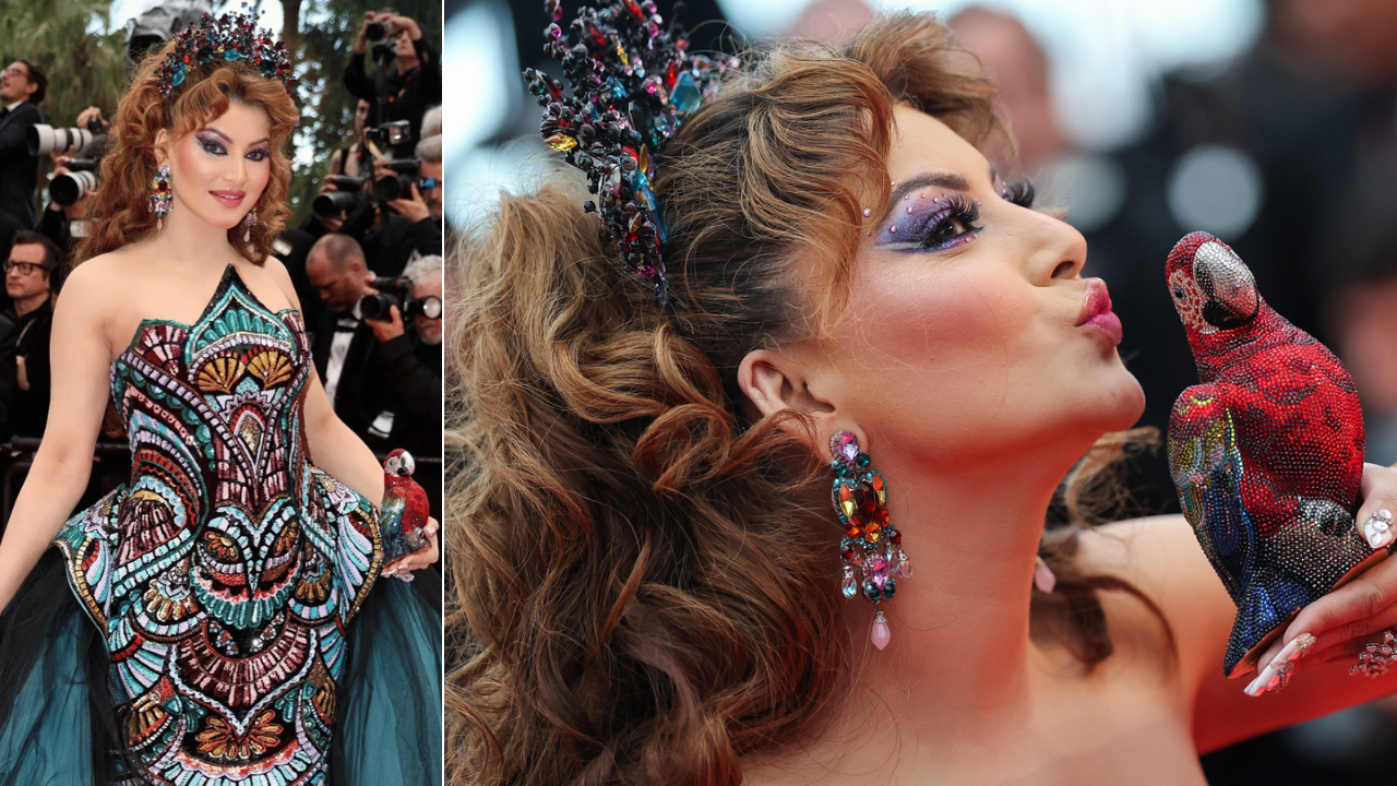 Urvashi Rautela Walks Cannes 2025 Red Carpet in a Mosaic Gown and Parrot Clutch