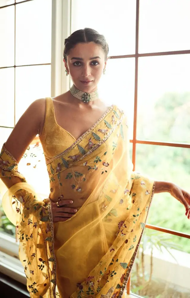 Alia Bhatt exudes sheer elegance and charm in her vibrant saree ensemble, elevated by the addition of a dazzling diamond and green stone choker.