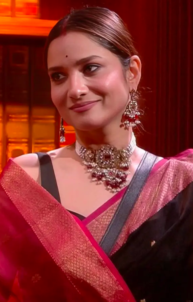 Saree to die for! Ankita Lokhande styled this gorgeous burgundy saree with accents of black with the most eye catching traditional jewellery.
