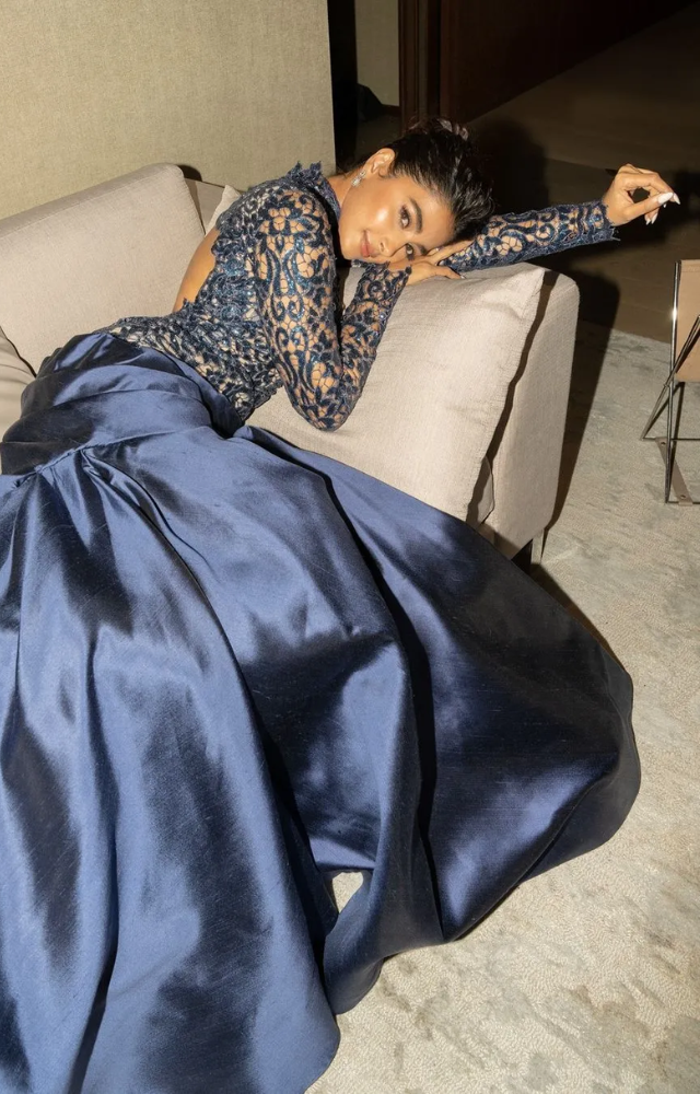 Pooja Hegde has been generating excitement on social media. At SIIMA 2024, she donned a deep navy blue gown, blending lace and satin, radiating old-world charm.