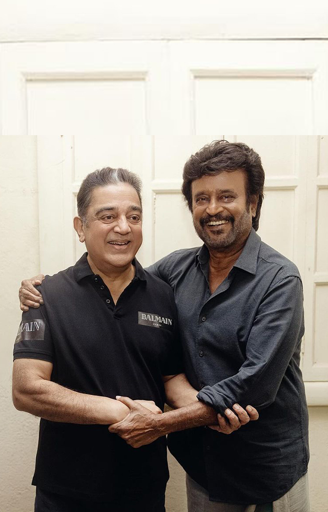 Rajini, Kamal Snapped Together An iconic reunion after 21 years  Kamal Haasan and Superstar Rajinikanth sharing a joyful together on the set.
