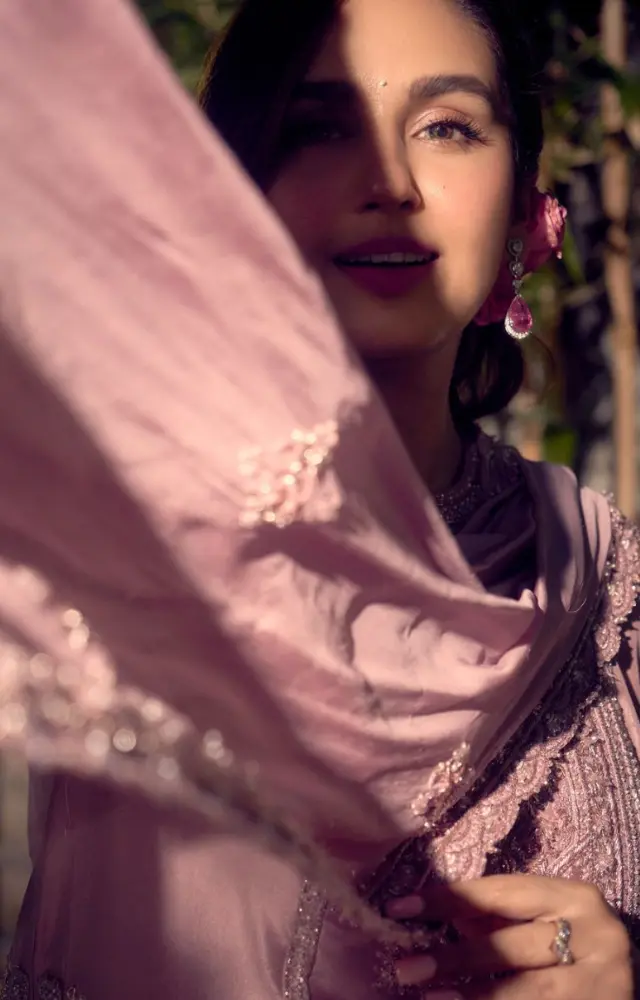 Huma took to Instagram and shared a series of pictures in a pastel mauve gharara set.