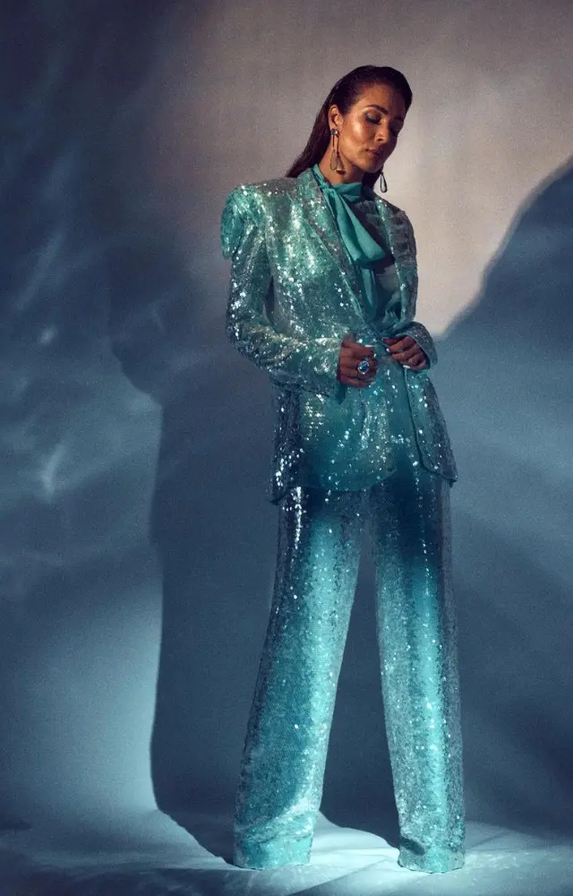 Want to go all out partying in a suit? This glittery suit is perfect for the occasion	