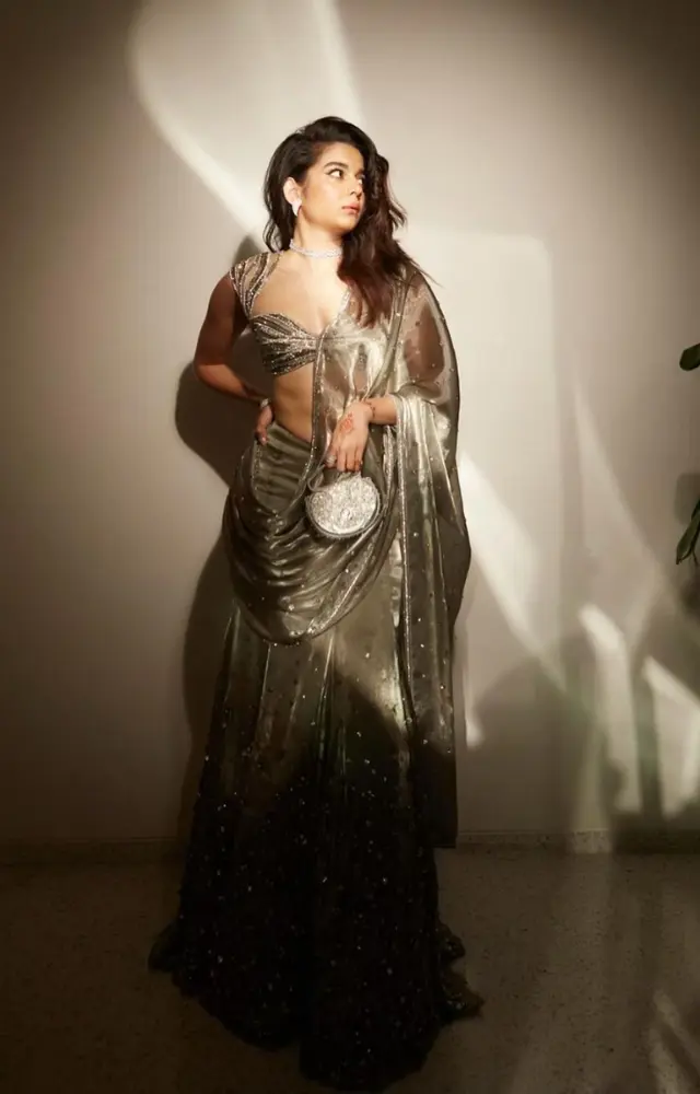 Mithila Palkar steals the spotlight in a contemporary lehenga adorned with a rhinestone blouse and sheer fabric.