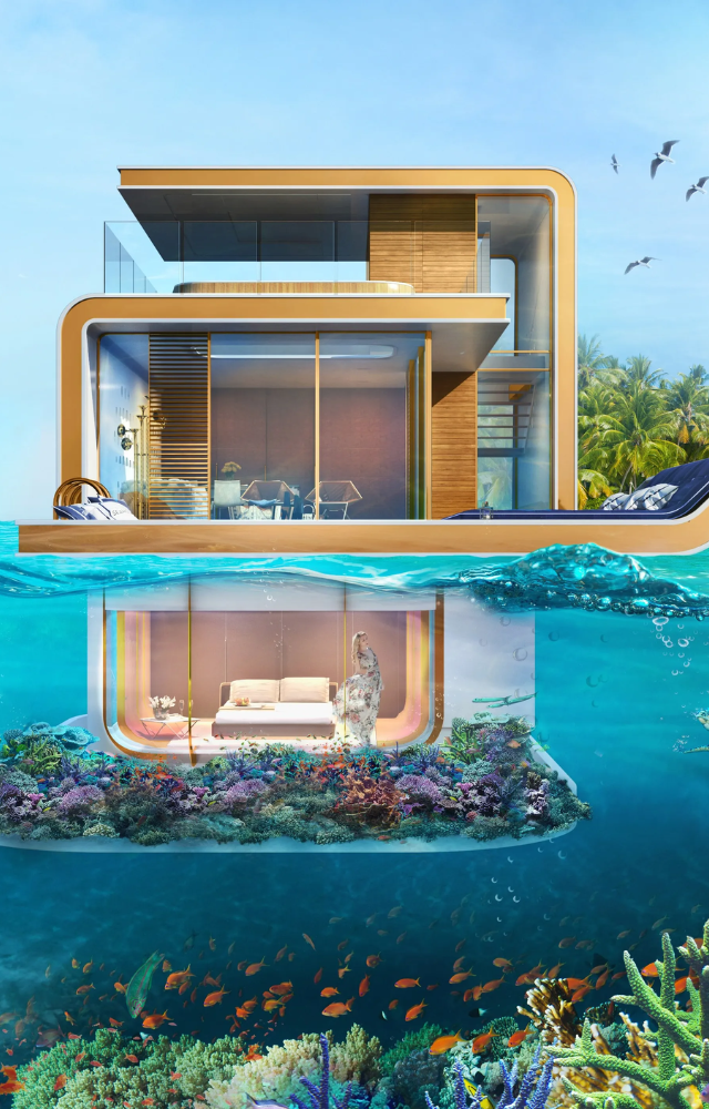 Luxury villas that float off the Dubai coast. They rise and fall with the tides and feature underwater bedrooms.