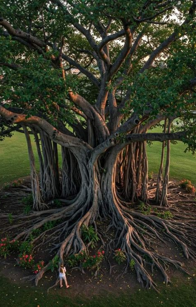 This tree sends down aerial roots that become new trunks. Over decades, it spreads horizontally and “moves” across large areas of land.
