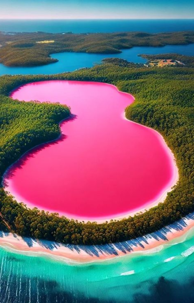 This saline lake glows bright pink due to salt-loving microbes. Its vibrant color stays all year, but looks most surreal in summer light.
