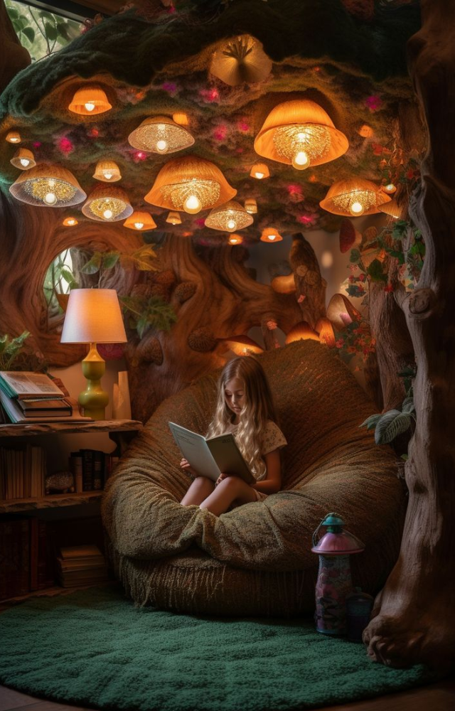 Add leafy wallpaper, fairy lights, and a floor cushion. It’s perfect for kids or anyone who wants to read in a magical woodland escape.
