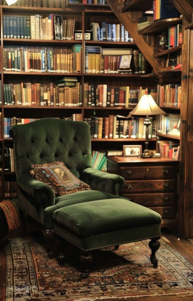 Style with leather chairs, dark wood shelves, and antique lamps. Add classic books for an old-world, scholarly feel at home.
