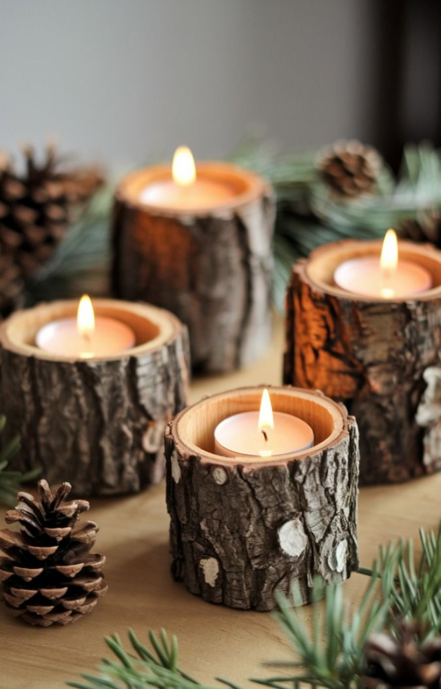 Use bark shed from trees to wrap around glass jars. Add a tealight inside for a rustic, earthy glow straight from your neighborhood park.
