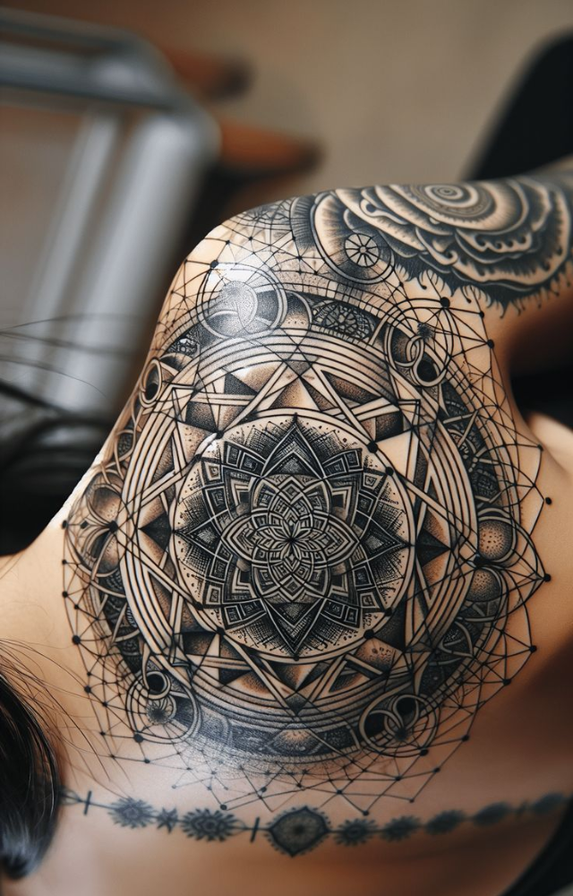 Found in Indian and Thai traditions, yantra tattoos use geometric designs to align the body with cosmic energy and spiritual protection.
