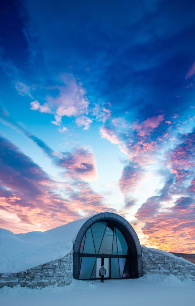 Each winter, this hotel is carved anew from ice and snow—beds, bars, and even artwork melt away come spring, only to be reborn the next season.
