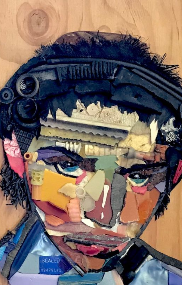 Recycling meets fine art as creators build layered images from plastic, wrappers, and discarded metal to make bold environmental statements.
