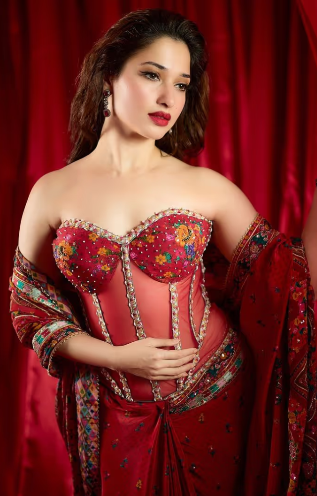 Tamannaah Bhatia`s ensemble melds saree and gown elements, fusing a sleeveless corset top, delicate skirt, and trailing dupatta for a modern traditional look.
