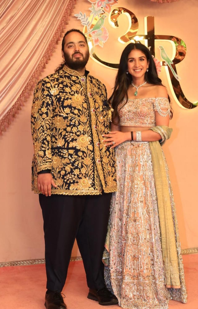 Radhika Merchant, dazzled in a unique ensemble, a light, pastel tissue skirt embellished with Swarovski crystals, paired with an off-shoulder crystal blouse