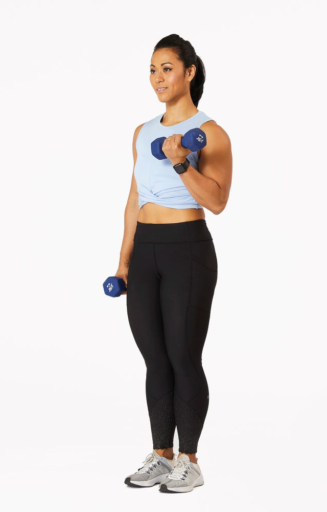 Use dumbbells or resistance bands. Keep your elbows close to your sides and curl the weight up towards your shoulders. Slowly lower the weight back down.