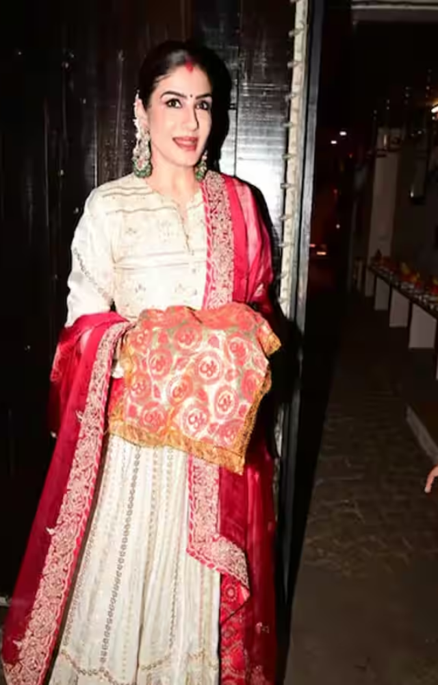 Raveena Tandon was spotted at the Karwa Chauth festivities held at Sunita Kapoor`s residence.