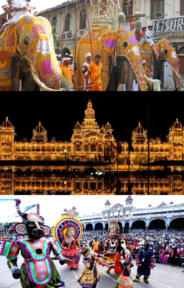 In Mysore, the festival features grand processions, especially the iconic Jumbo Savari, showcasing elaborate decorations and cultural performances.