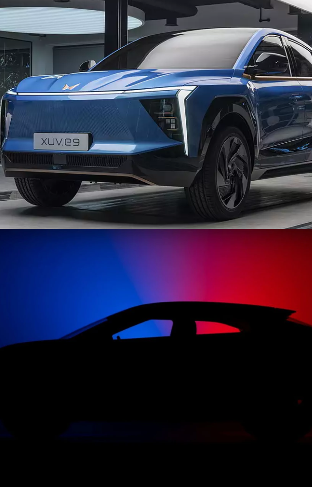 It has a sleek, coupe-like design with a bold triangular headlamp setup and a sloping roofline