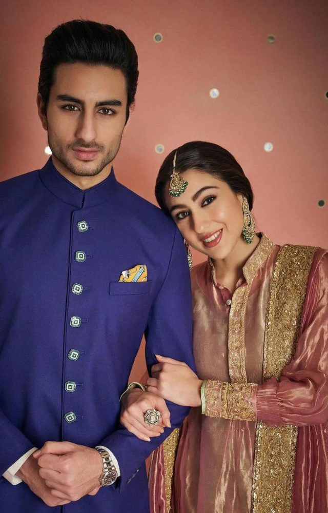 Sara Ali Khan dazzled in the pink kurta set, while her brother Ibrahim Ali Khan wore a blue bandh gala paired with a white pyjama.