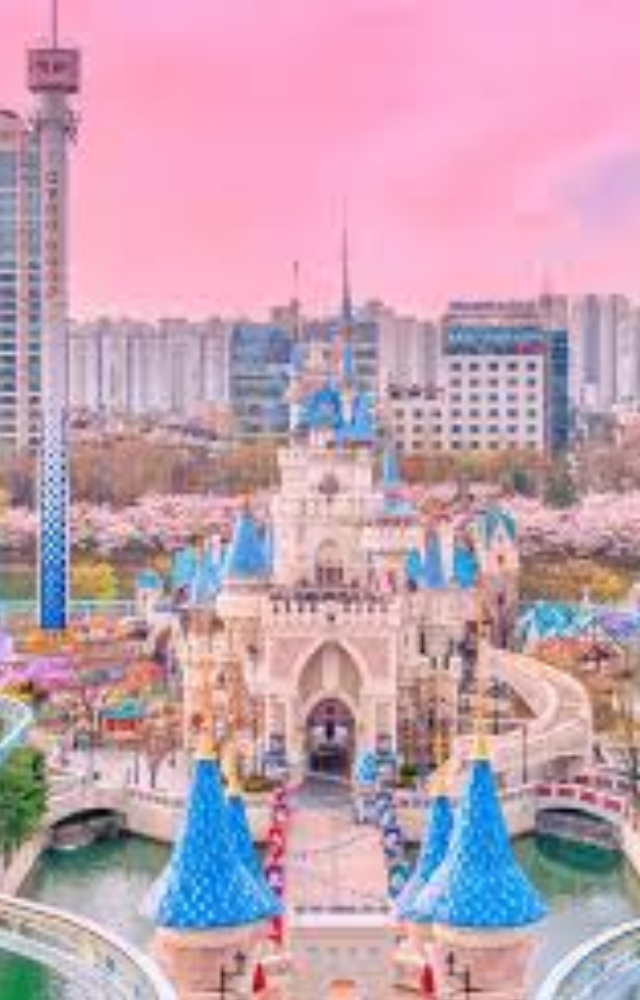 A sprawling Seoul entertainment complex featuring thrilling rides, an ice rink, and a scenic lake, often used for lighthearted and romantic sequences.