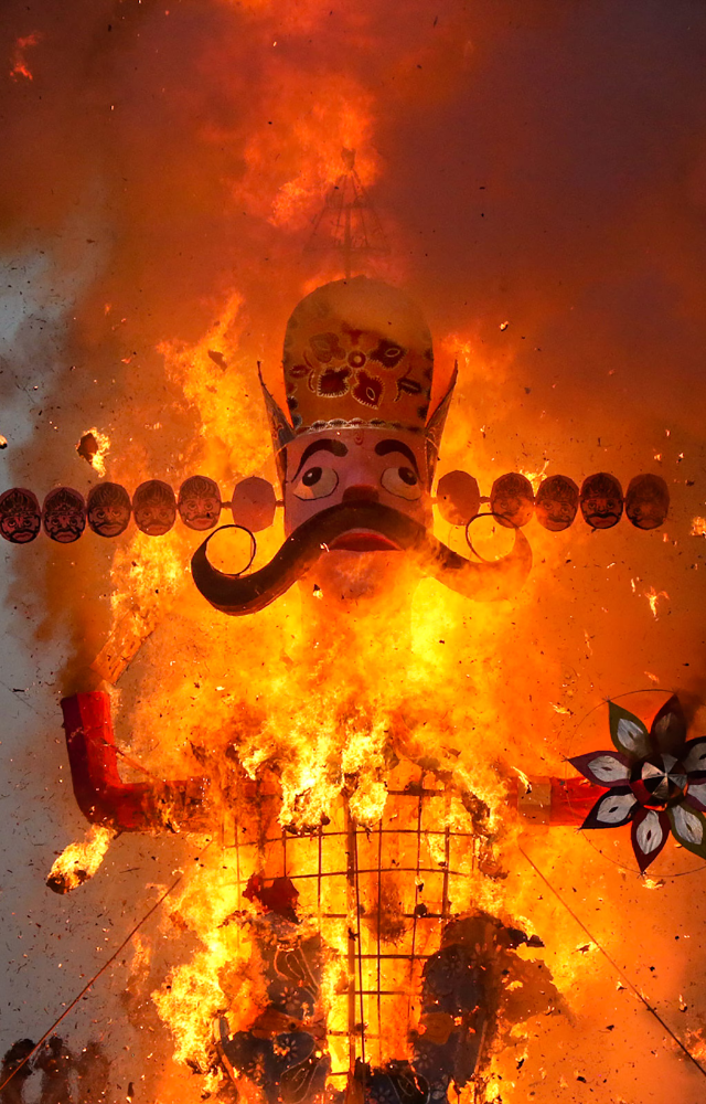 Large effigies of Ravana, Meghnad, and Kumbhkaran are burnt to commemorate their defeat by Rama.