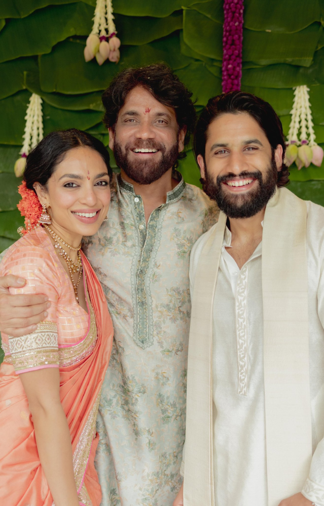 Naga Chaitanya Sobhita got engaged today in Hyderabad at Nagarjuna`s residence, the father of Naga Chaitanya, in an intimate ceremony.