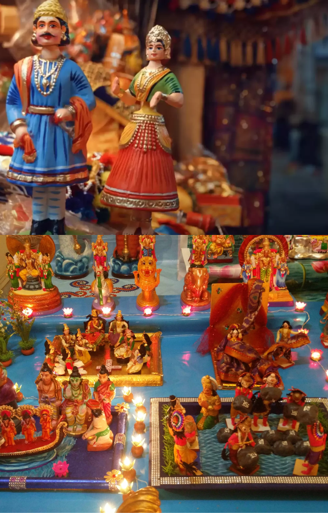 Celebrated with the 'Golu' tradition, where dolls and figurines are arranged on steps, along with music, dance, and community gatherings.