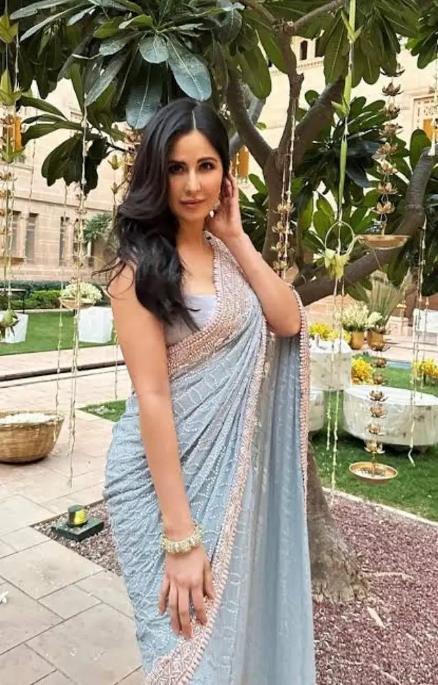 Katrina Kaif radiates timeless charm in a pastel blue saree adorned with intricate embroidery