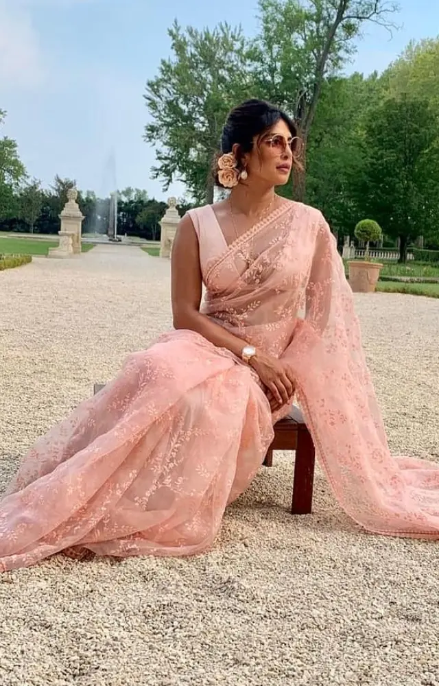 Priyanka Chopra looks enchanting in a pastel pink net saree, showcasing her flair for delicate fashion