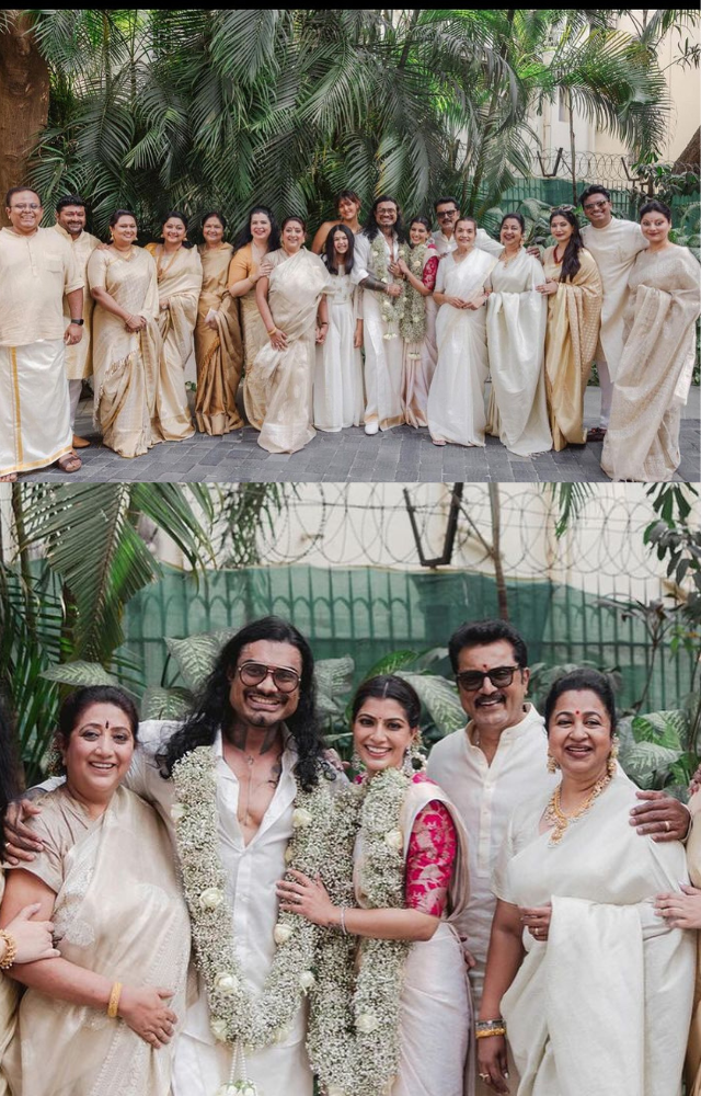 Actress Varalaxmi Sarathkumar and Nicolai Sachdev gracefully posed alongside the actres mother, Chaya and father R Sarathkumar with her stepmother Raadika  