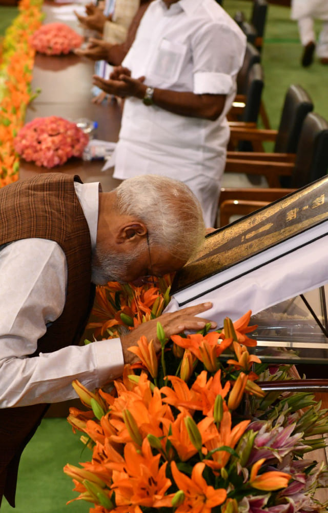 The oath ceremony happens when the new government takes charge of the Lok Sabha positions after the elections. The Prime Minister takes the oath.