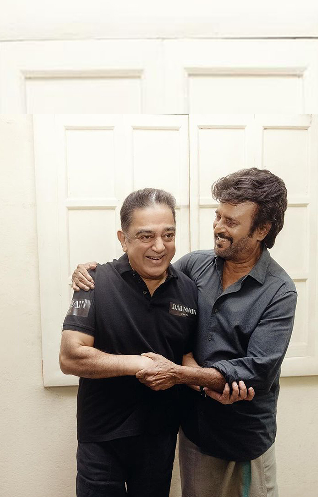 Indian Cinema`s unparalleled Legends Rajinikanth and Kamal Haasan reunite on a film set sparking joy and happy moments among fans