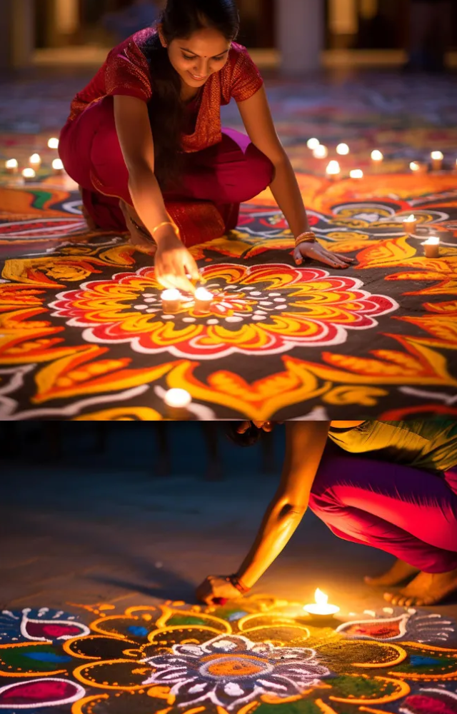 Beautiful and intricate rangoli designs are created at the entrances of homes.