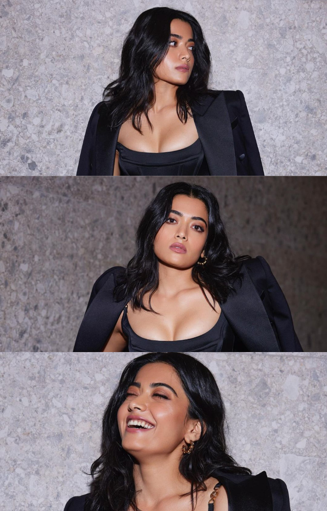 At the Versace show, Rashmika Mandanna’s sleeveless black corset top and distressed jeans with a black blazer over her shoulders wowed the crowd