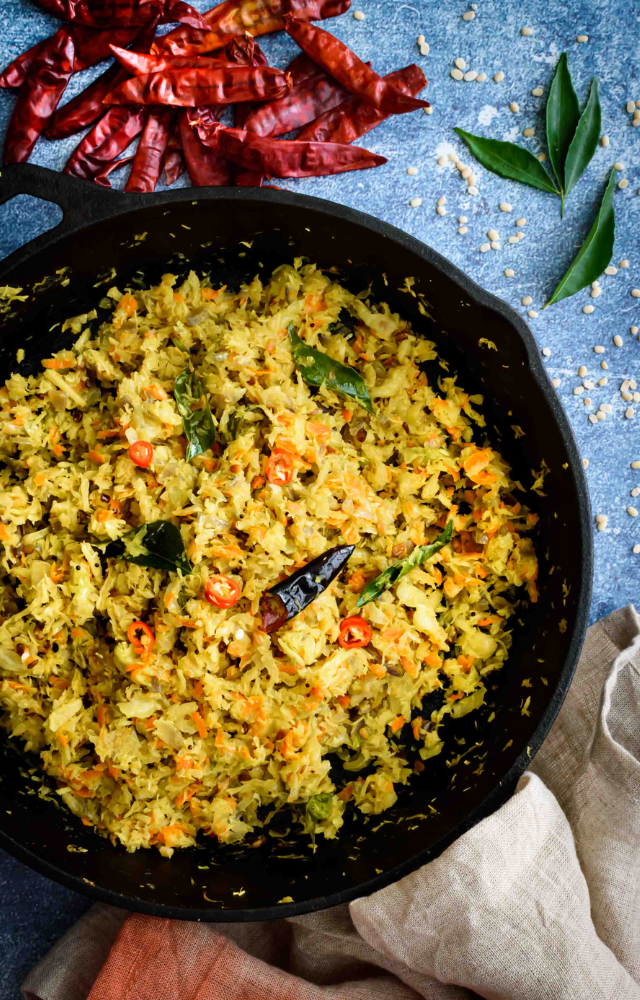 A dry vegetable stir-fry made with grated coconut and spices, adding a crunchy texture to the meal.