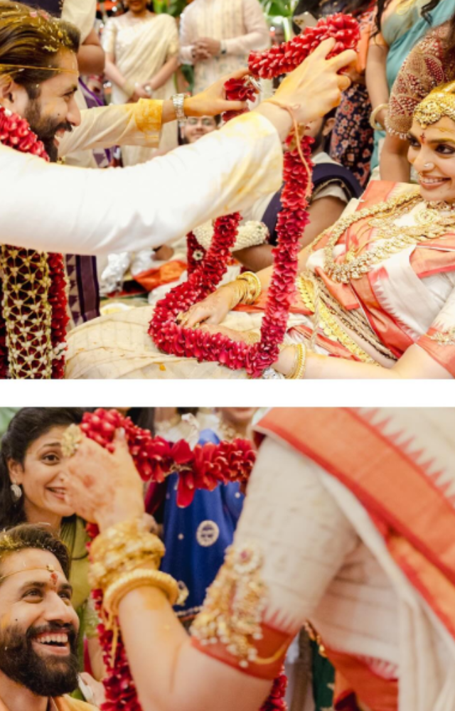 Both looked stunning in their matching traditional South Indian wedding attire.