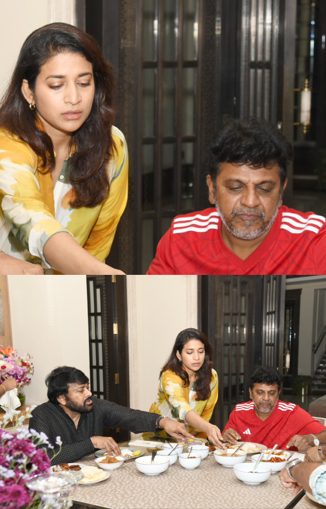Shivanna enjoyed meal at Chiranjeevi`s residence, where Shiva Rajkumar and Chiru was graciously served by Sivanna`s younger daughter Sushmita