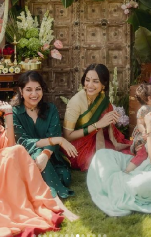 For the Godhuma Raayi/Pasupu Danchatam ceremony, she wore a peach gold and green silk saree, looking elegant and graceful