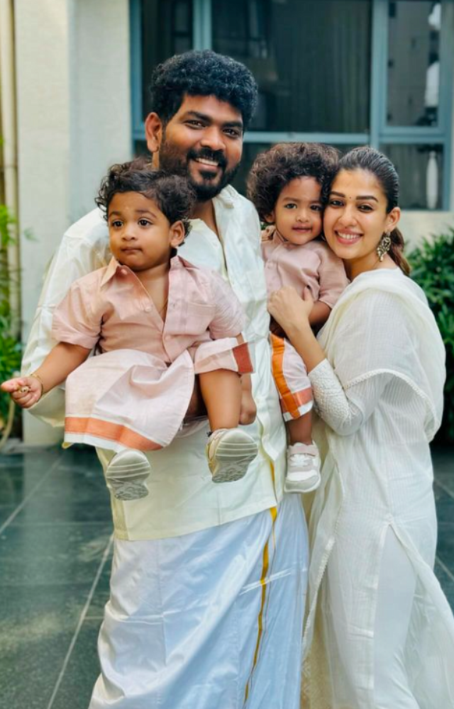 Nayanthara celebrated the Tamil New Year 2024 with her husband Vignesh Shivan and their twins in style. The family chose to wear matching ivory ethnic outfits 