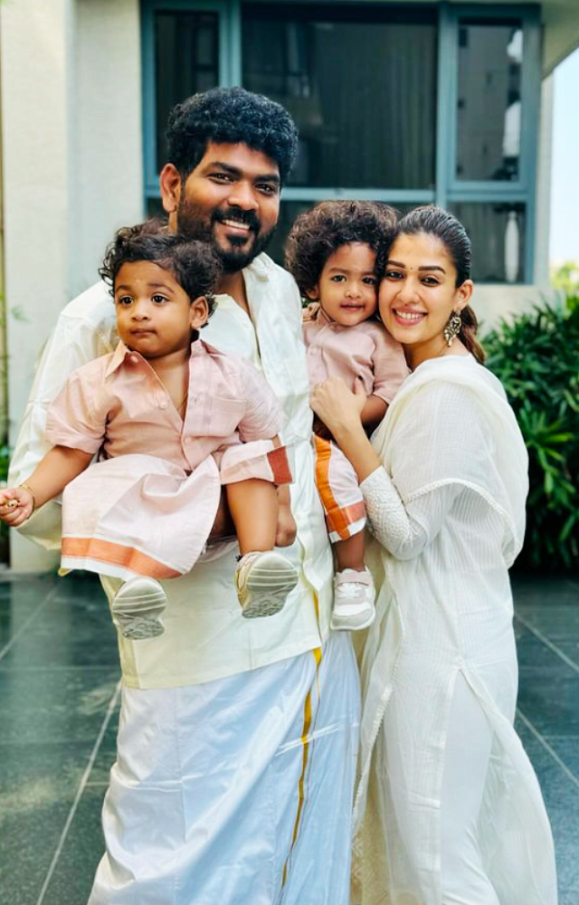Nayanthara and her husband Vignesh Shivan chose to wear matching ivory ensembles, creating a harmonious and elegant look for the festive occasion