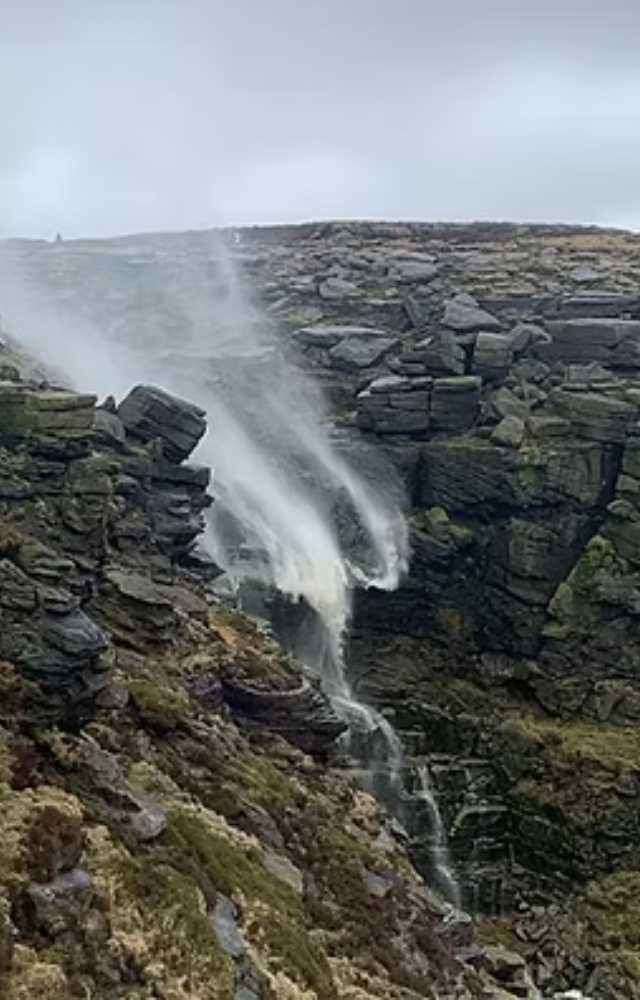 Located in the Peak District, strong crosswinds can blow the water back upward, creating the illusion of a waterfall in reverse.
