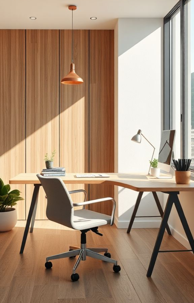 Placing your desk near a window helps regulate mood and energy. Sunlight boosts serotonin and supports a natural work rhythm.
