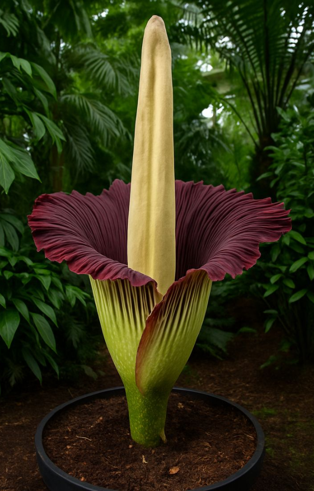 Native to Sumatra, this giant flower can grow over 10 feet tall and smells like rotting flesh to attract carrion beetles and flies.
