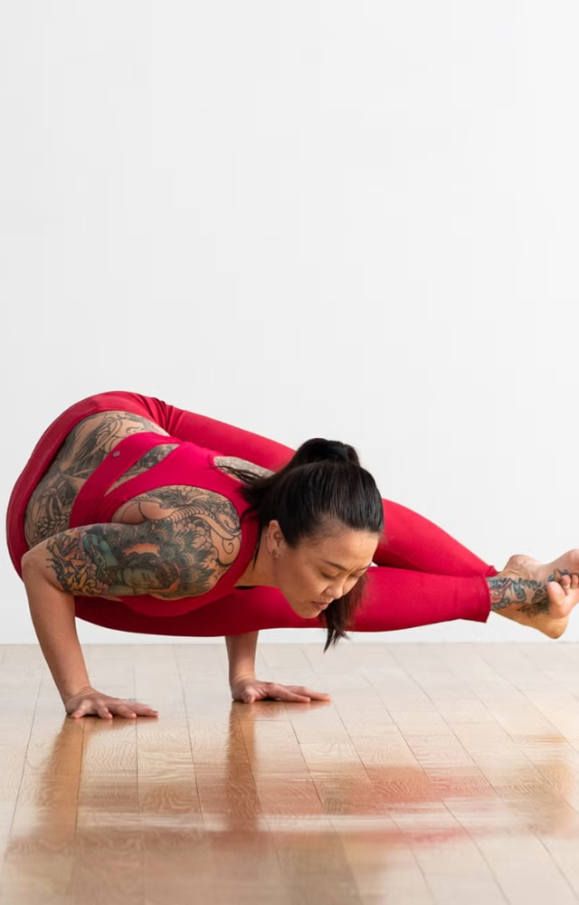 This twisty arm balance reflects the story of Astavakra, a wise sage born with eight deformities who proved mind over matter.
