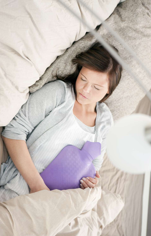 Applying heat to your lower abdomen or lower back can help relax muscles and ease cramps. You can use a heating pad, hot water bottle, or take a warm bath.