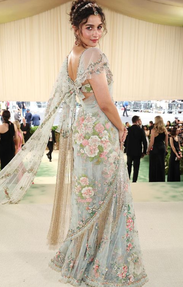 At the Met Gala, Alia Bhatt looked amazing in a flowery Sabyasachi saree. She has attended the Met Gala twice before.

