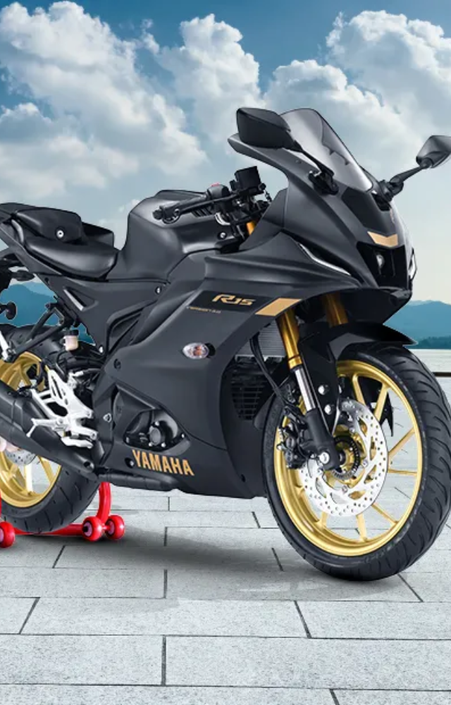 The Yamaha R15 V4 is a high-performance sports bike known for its sleek design and agile handling. the cost starts from Rs. 1.82 to Rs. 1.98 Lakh.